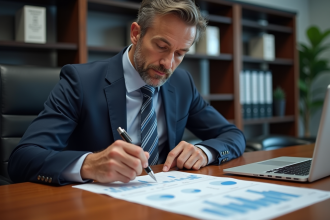 Homme d'affaires en réunion lisant un rapport audit