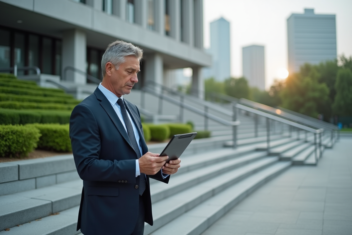 Homme d'affaires en costume devant un bâtiment moderne