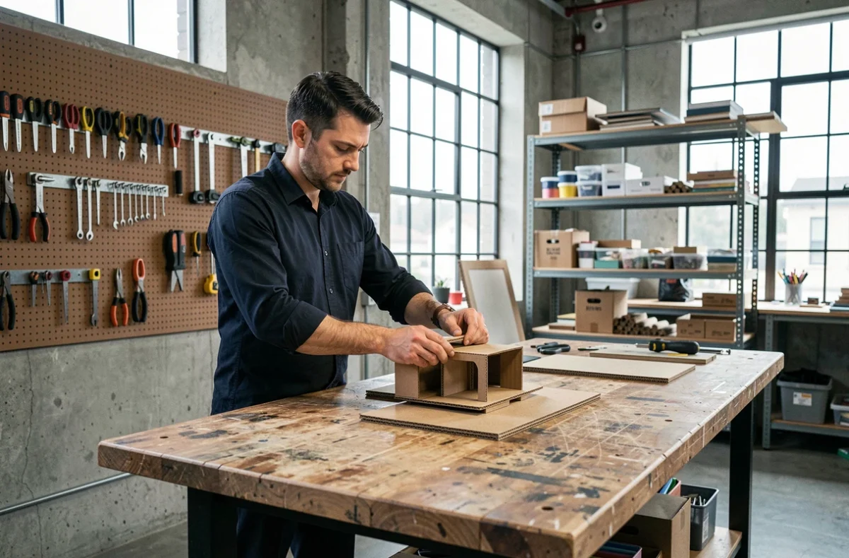 Homme en train d'assembler un prototype en carton et mousse dans un espace de coworking makerspace moderne