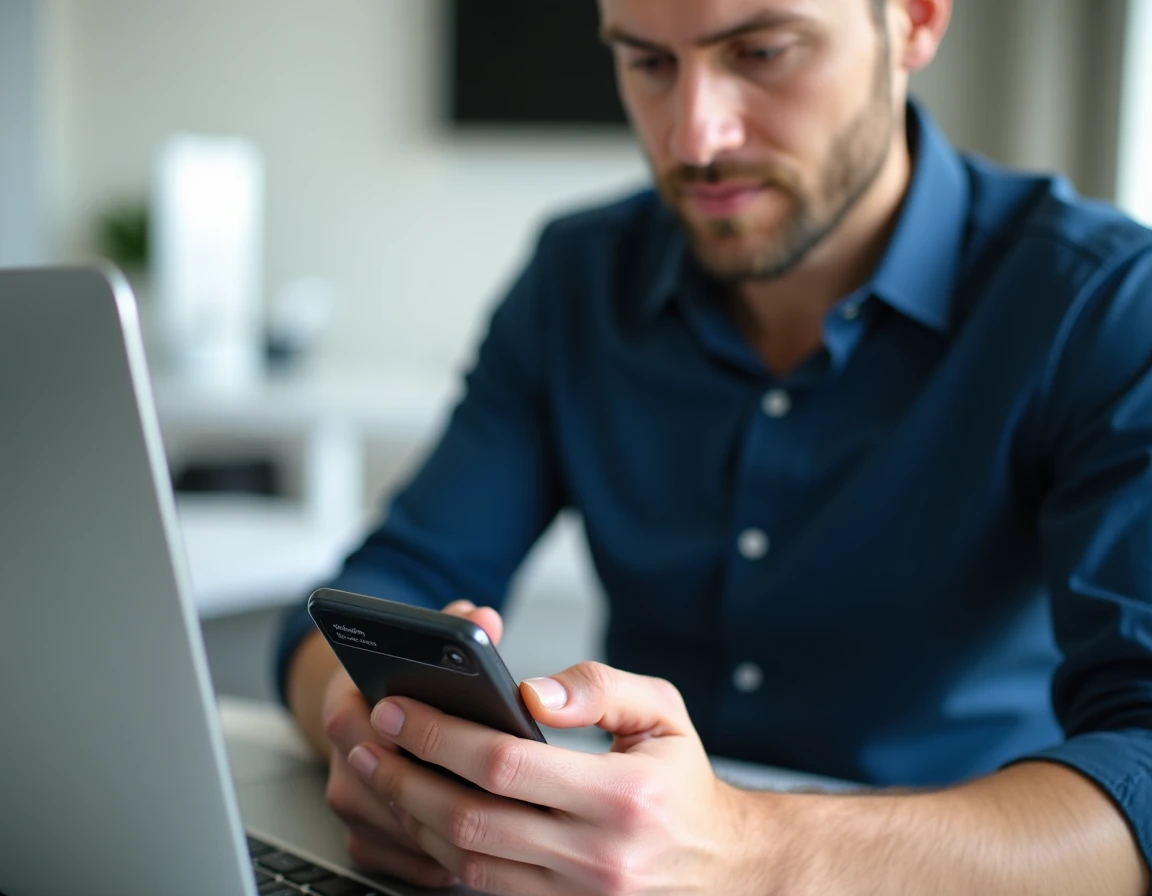 Homme en bureau programmant l'envoi d'un message WhatsApp sur son téléphone portable