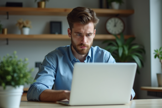 Jeune homme concentré devant son ordinateur en home office