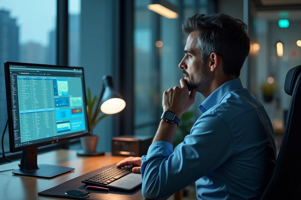 Homme professionnel analysant des graphiques VPN dans un bureau moderne