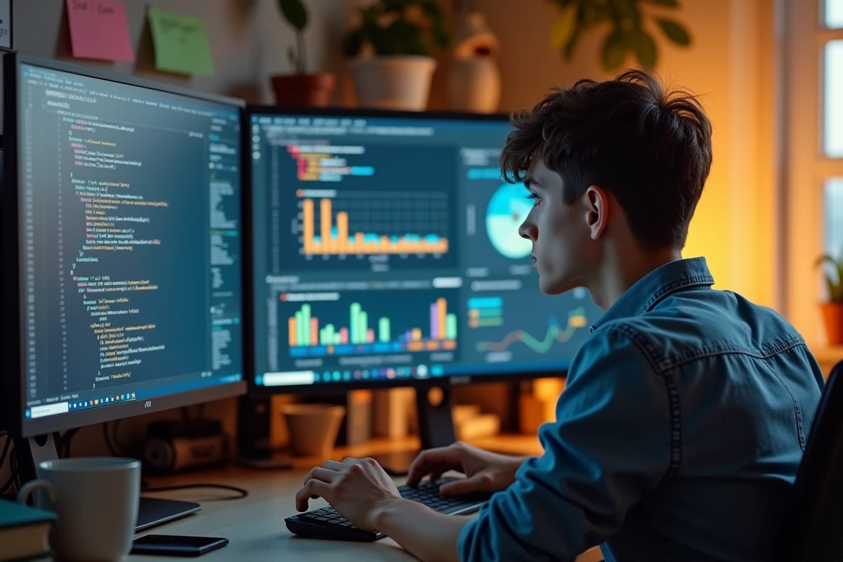 Jeune homme analysant du code Python et des graphiques de données