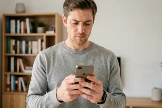 Homme tenant un smartphone Huawei et comparant les modèles récents avec le P10 Lite