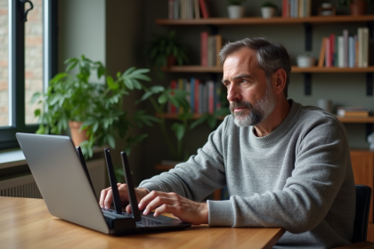 Homme d'âge moyen configure un routeur sans fil dans un bureau à domicile