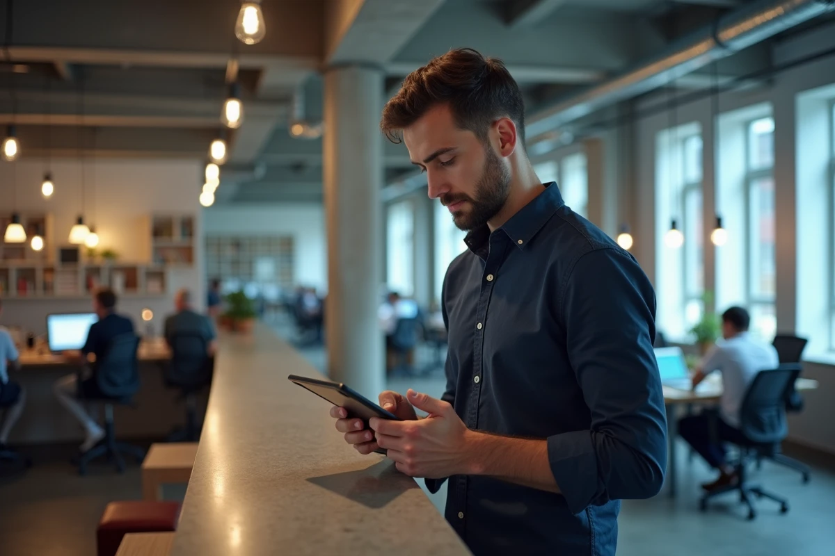 Homme en espace de coworking consultant un compteur de caractères sur une tablette pour optimiser ses publications sociales