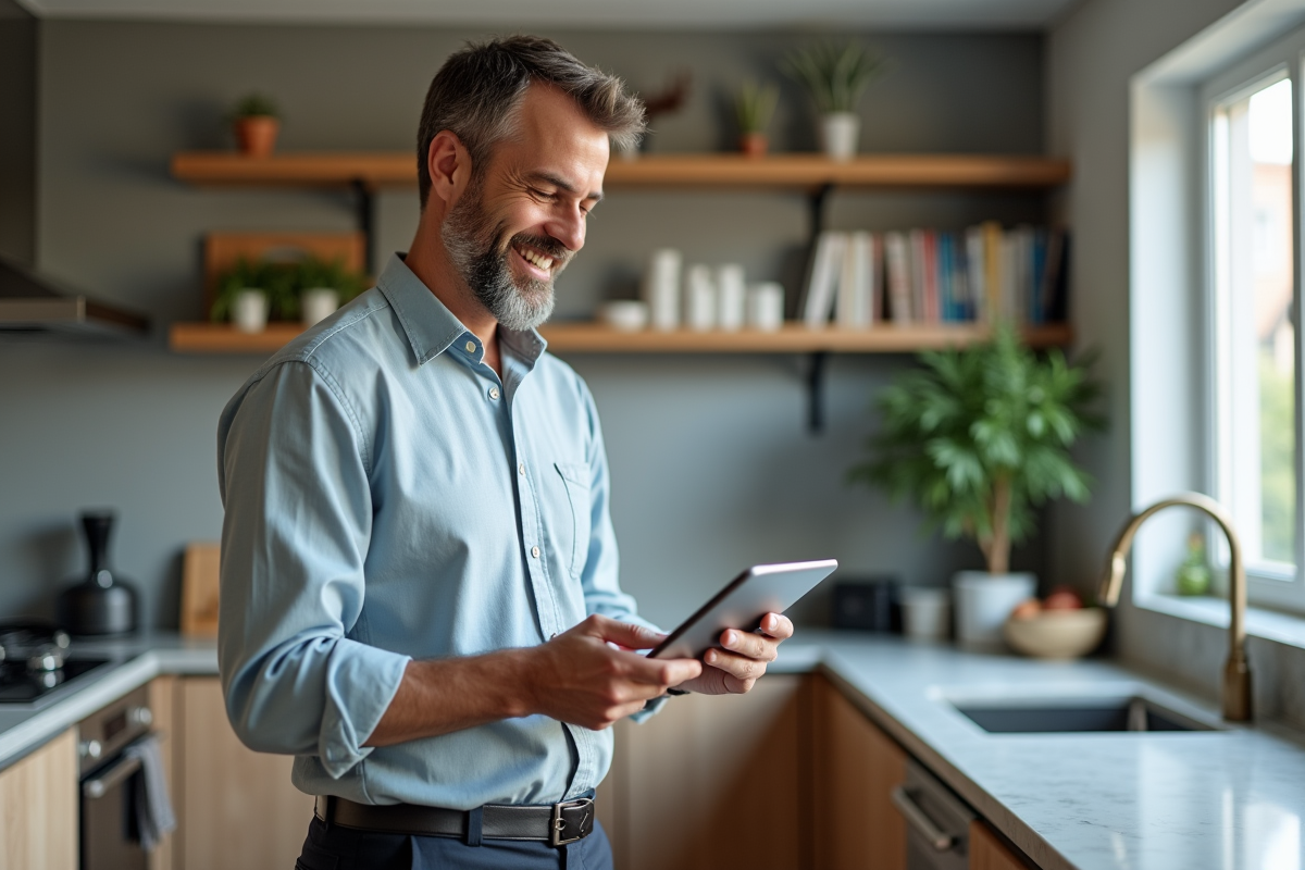 Homme d age moyen utilisant une tablette à la maison
