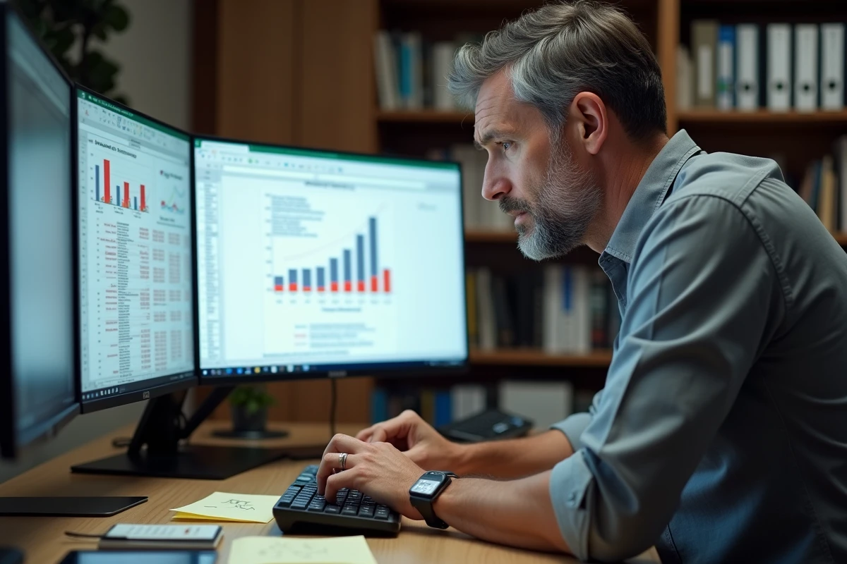 Homme travaillant sur des formules de pourcentage Excel avec une erreur visible à l'écran