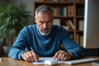 Homme d'âge moyen concentré sur sa souris d'ordinateur dans un bureau