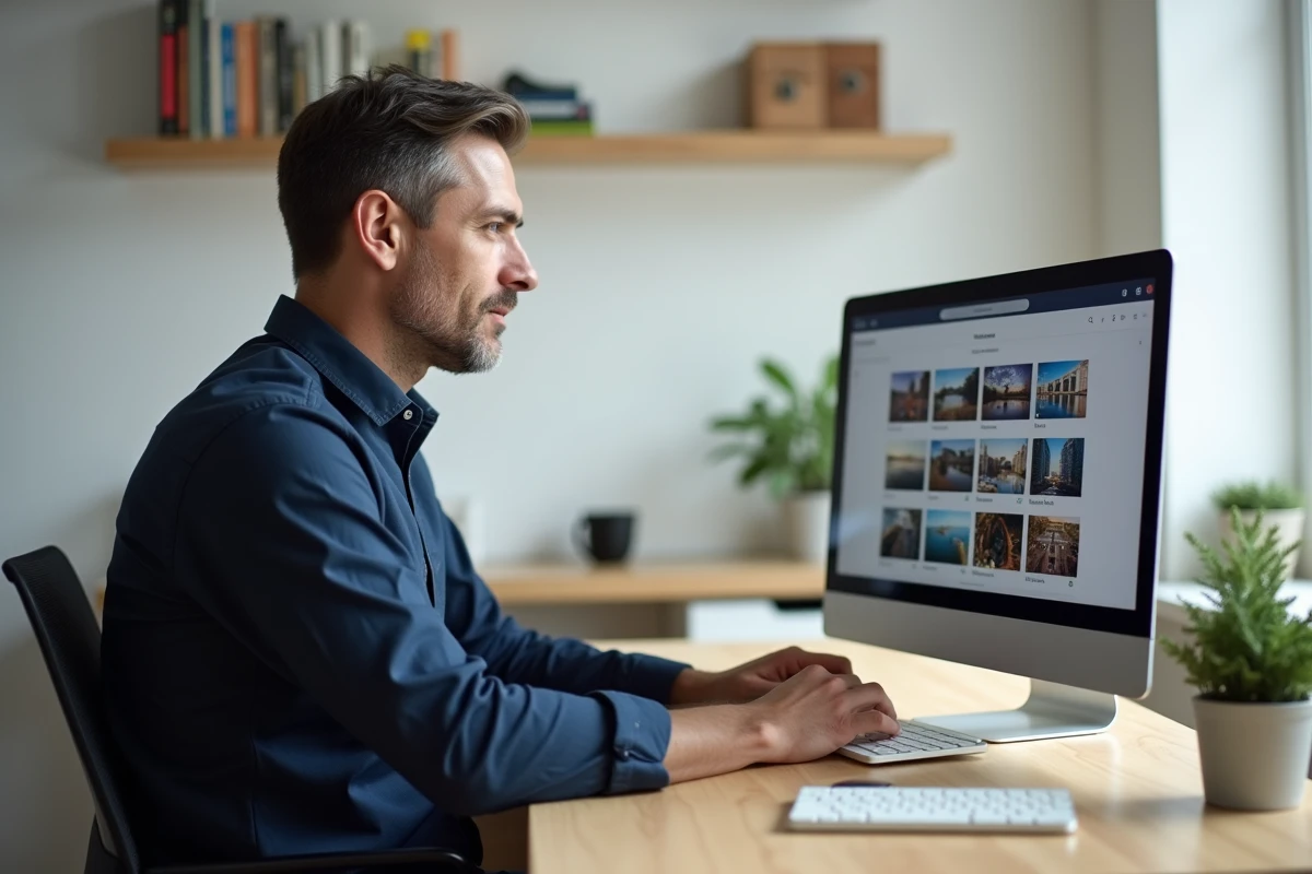 Homme consultant Google Photos sur ordinateur portable dans un bureau à domicile épuré