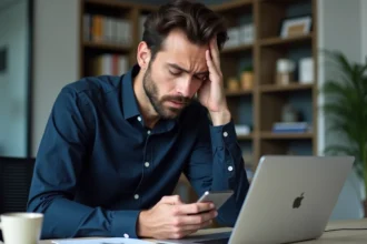 Homme frustré regardant son téléphone avec Facebook Messenger