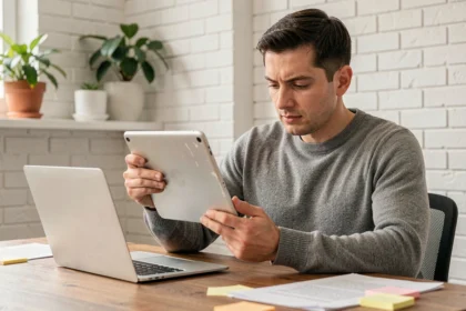 Homme inspectant un MacBook Air reconditionné sur un bureau en bois dans un bureau à domicile