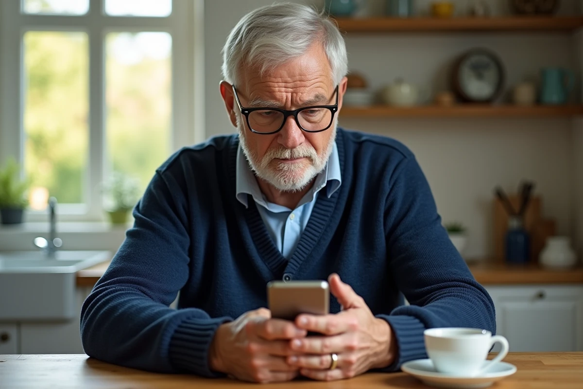 Homme senior concentré sur son smartphone à la cuisine