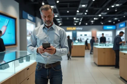 Homme d'âge moyen regardant un smartphone en magasin