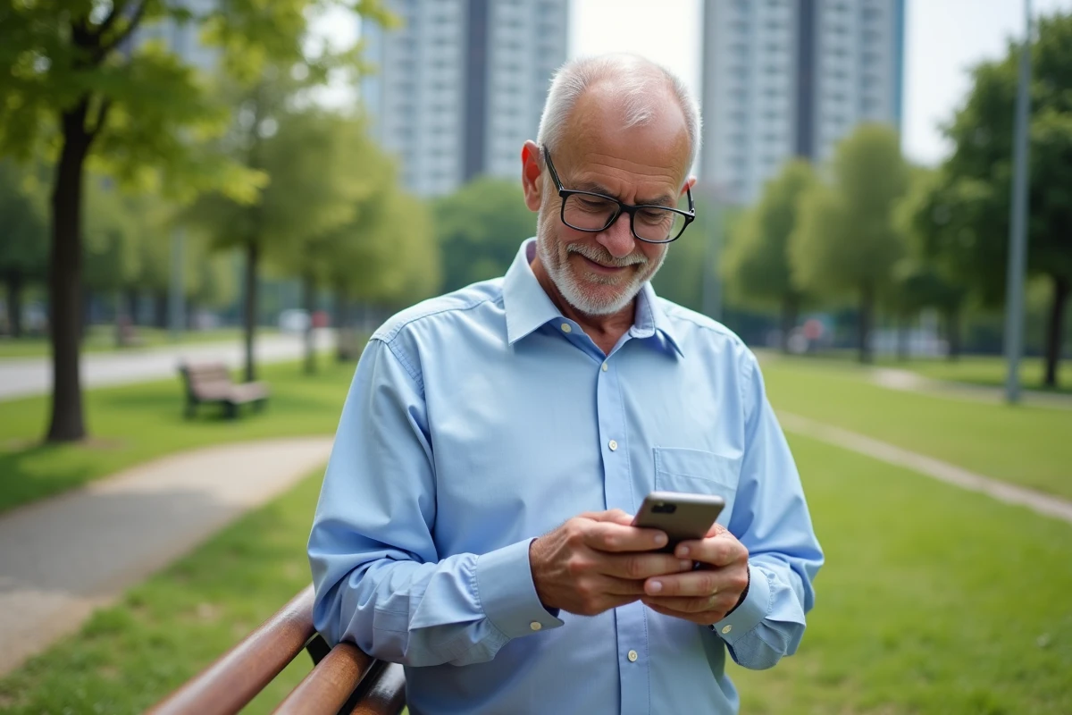 Homme âgé ajuste son smartphone dans un parc urbain