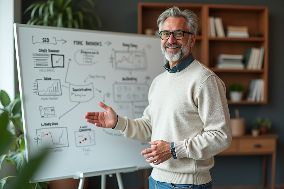 Homme expliquant stratégies SEO devant tableau blanc