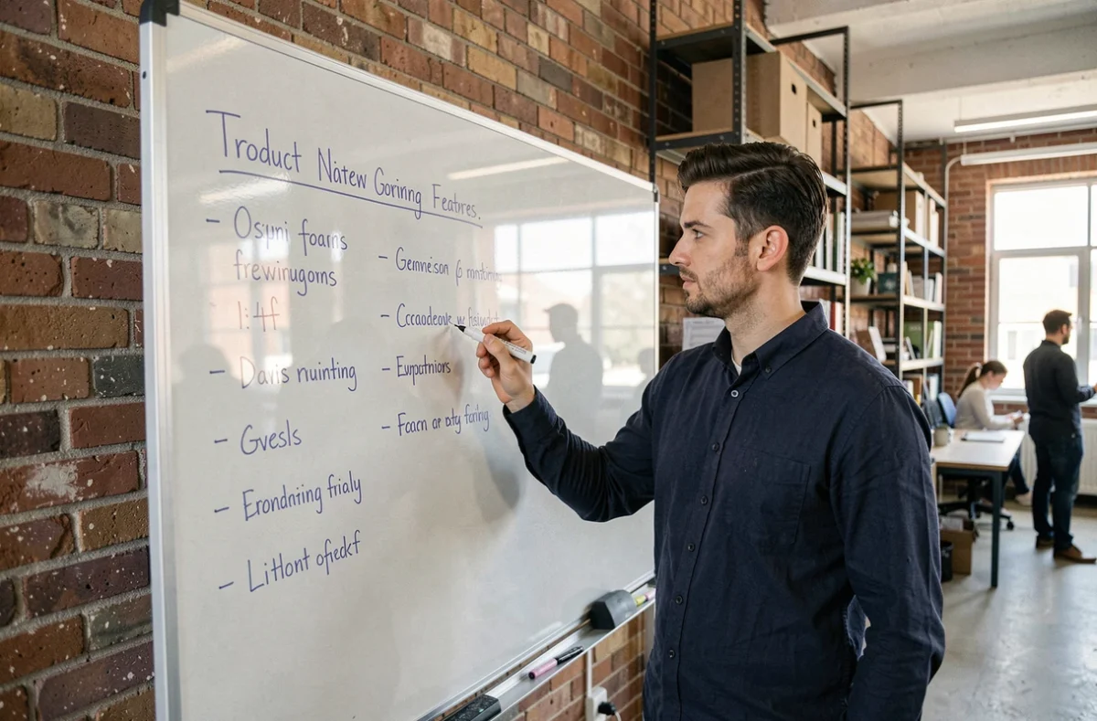 Homme écrivant une liste de features produit sur un tableau blanc dans un espace de coworking