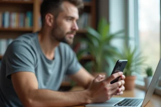 Main d'homme tenant un Samsung Galaxy S22 pour illustrer la prise en main et l'ergonomie du smartphone
