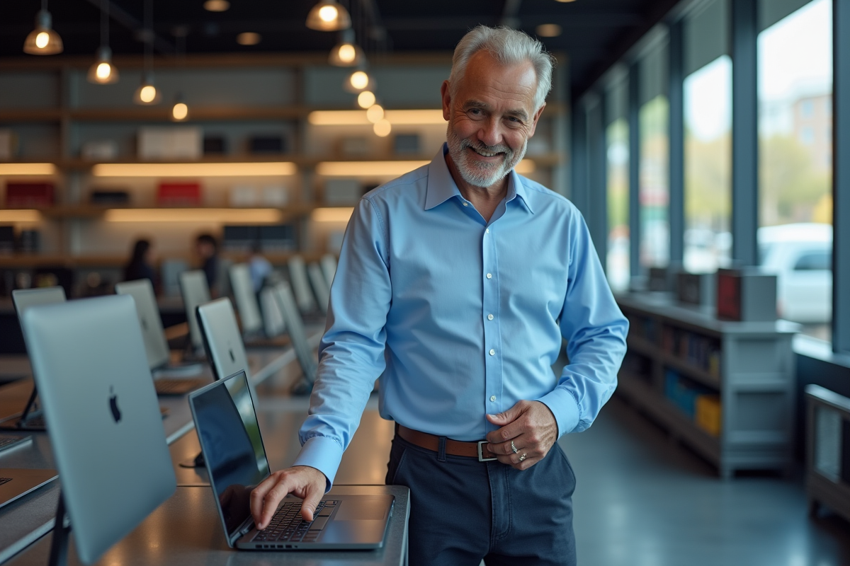 Homme d age moyen teste un clavier d ordinateur en magasin