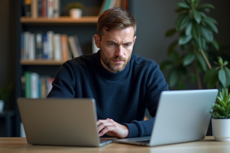 Homme d'âge moyen utilisant deux VPN sur son bureau moderne