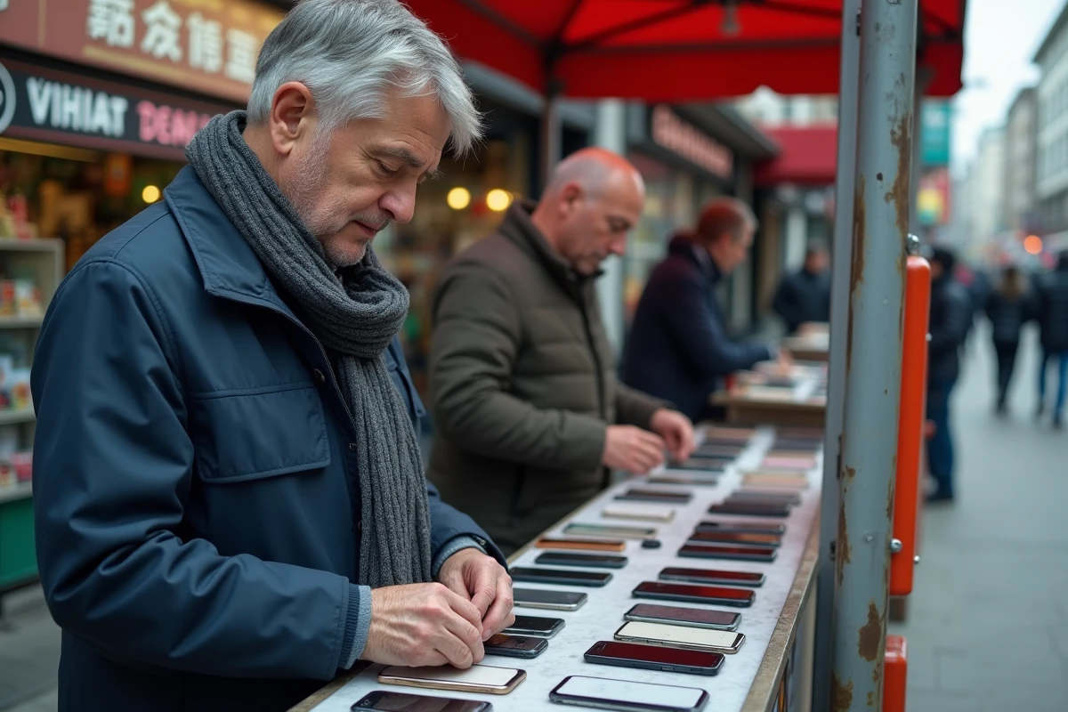 Homme examinant des smartphones recyclés sur un stand de marché urbain