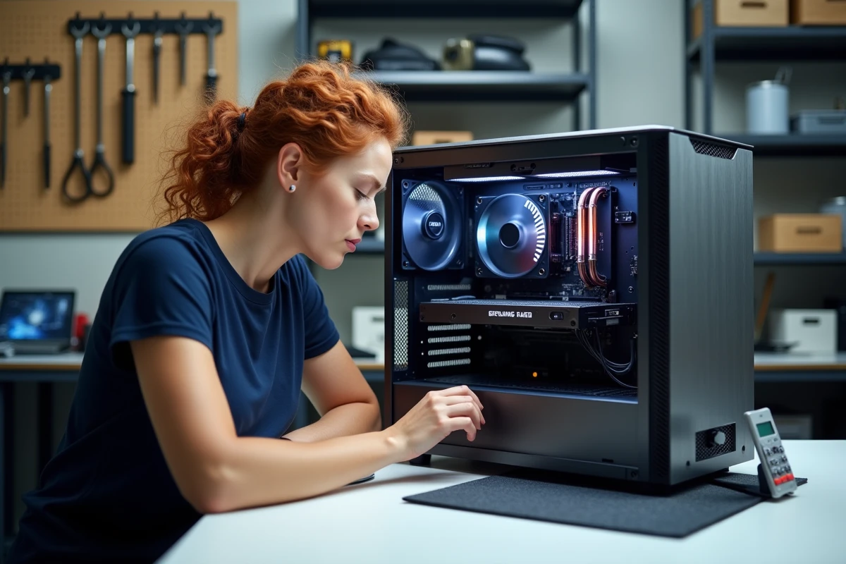 Technicienne inspectant les composants internes d'un PC gamer PocketPCParadise pour évaluer sa consommation électrique