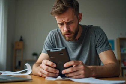 Homme inspectant un Sony Ericsson reconditionné à la recherche de défauts visibles