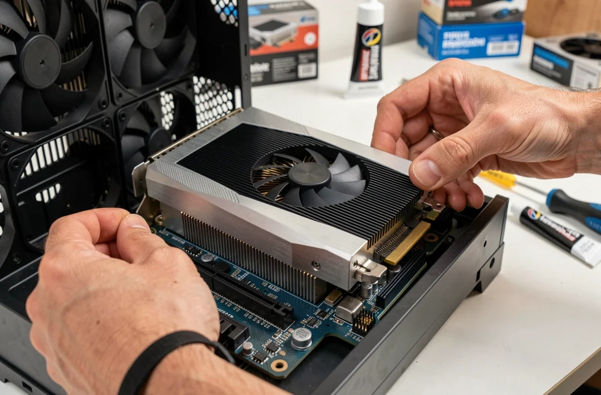 Installation d'une carte graphique haut de gamme dans un PC gamer, focus sur le slot PCIe et les composants hardware