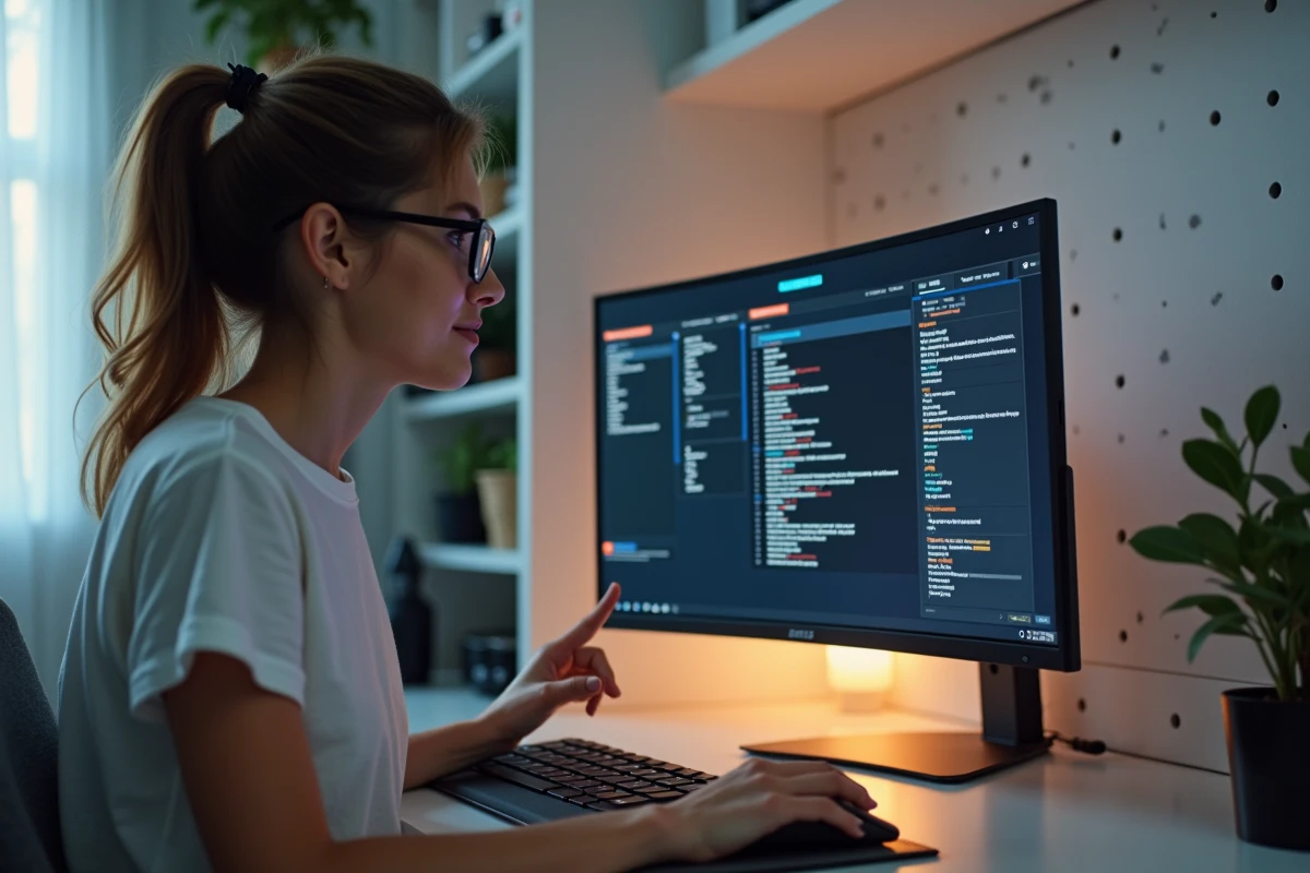 Femme consultant l'interface UEFI BIOS AORUS sur écran après une mise à jour firmware