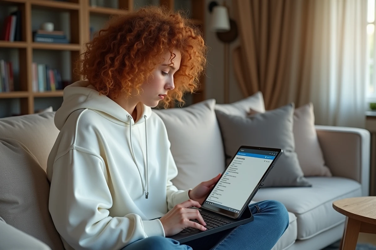 Jeune personne configurant l'inversion du clavier depuis les paramètres de la barre des tâches sur une tablette dans un salon
