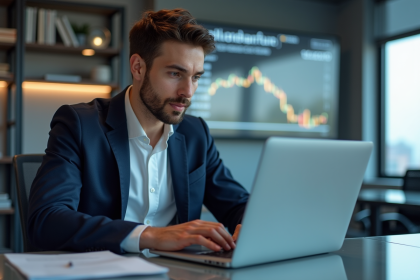 Jeune developpeur en bureau avec ordinateur portable et graphiques blockchain