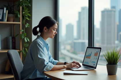 Jeune femme concentrée analysant des graphiques sur son ordinateur