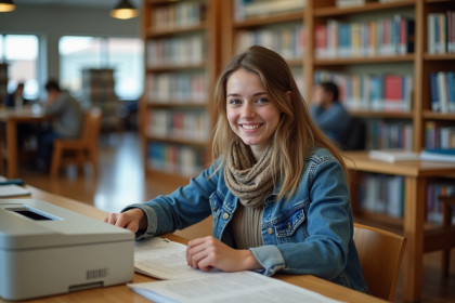 Jeune femme en denim utilisant une imprimante à la bibliothèque