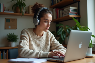 Jeune femme au bureau écouteurs et transcrit audio