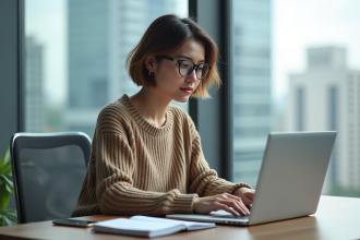 Jeune femme au bureau utilisant un ordinateur portable
