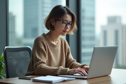 Jeune femme au bureau utilisant un ordinateur portable