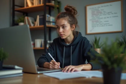 Jeune femme concentrée travaillant sur son ordinateur dans un bureau moderne