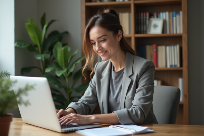 Jeune femme au bureau en tenue casual smart travaillant sur un ordinateur