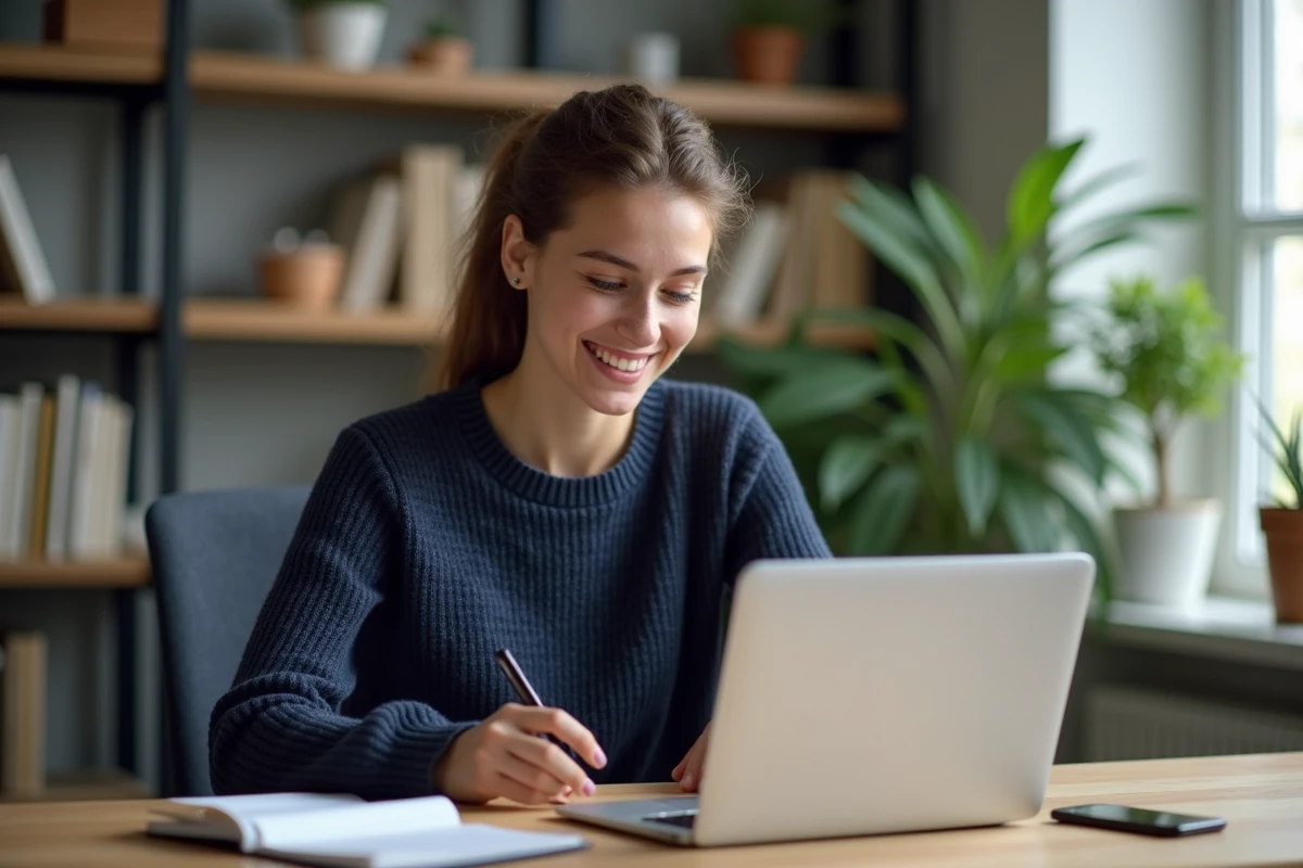 Jeune femme souriante travaillant sur son ordinateur portable dans un bureau moderne