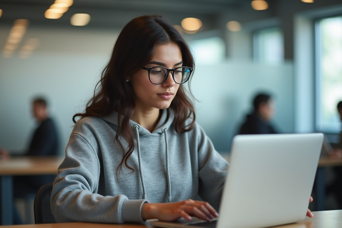 Jeune femme en coworking utilisant un ordinateur portable