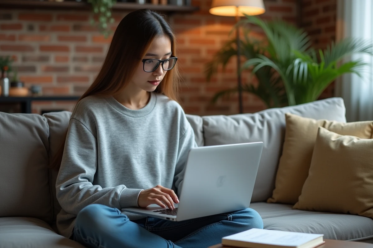 Jeune femme gérant un serveur Minecraft gratuit depuis son salon sur un ordinateur portable