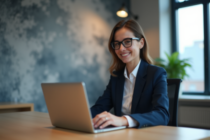 Jeune femme en costume informatique au bureau moderne