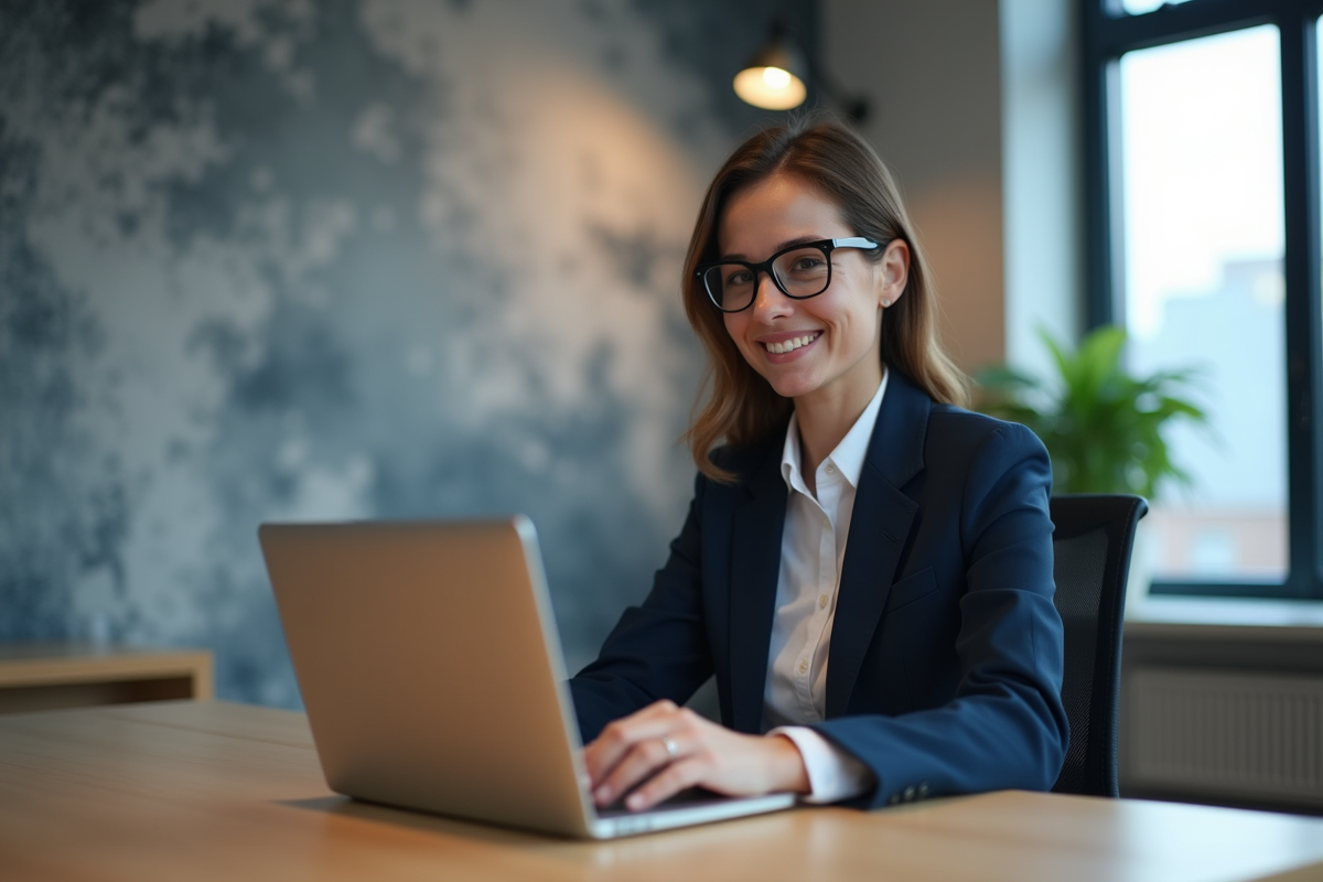 Jeune femme en costume informatique au bureau moderne