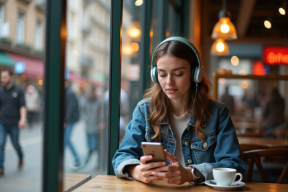 Jeune femme avec casque et smartphone dans un café urbain