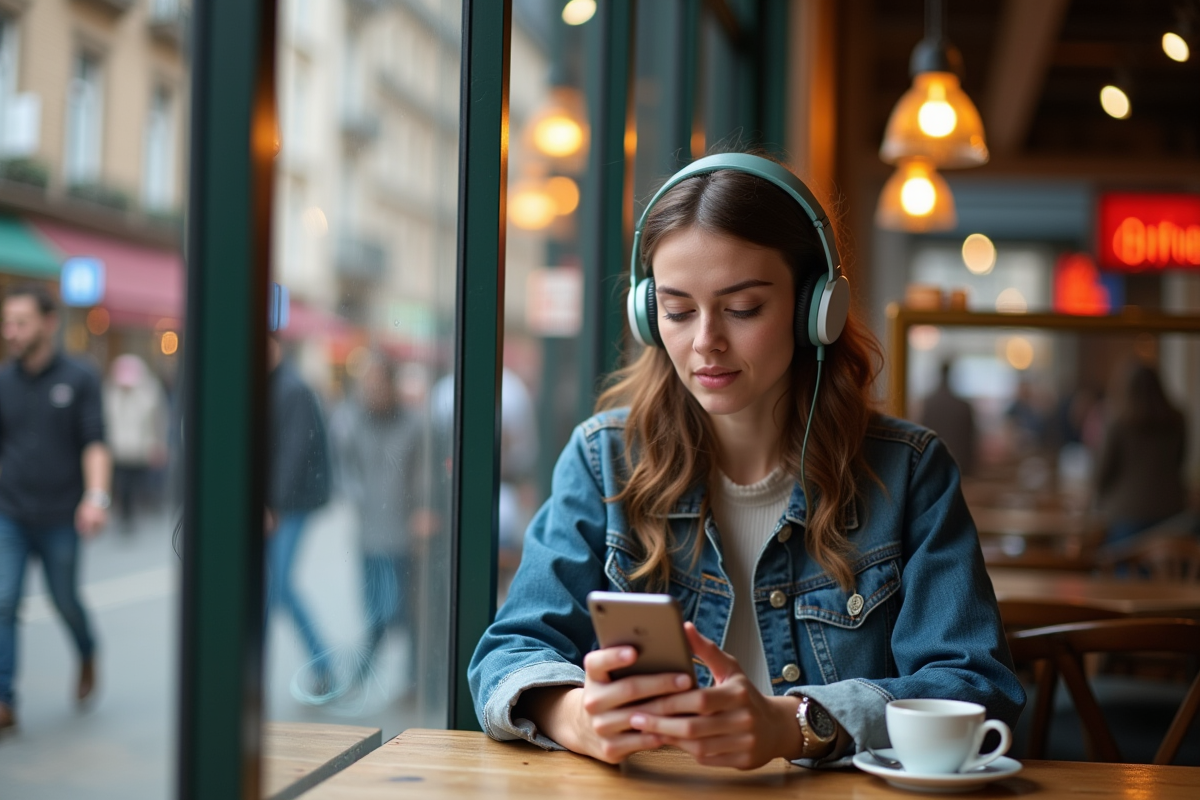 Jeune femme avec casque et smartphone dans un café urbain