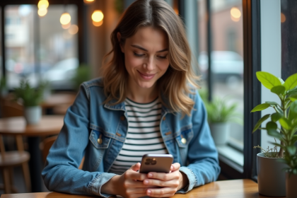 Jeune femme souriante utilisant son smartphone au café