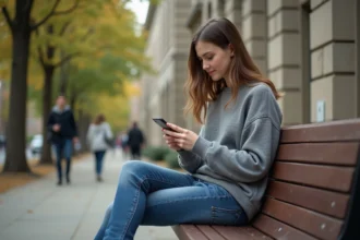 Jeune femme utilisant son smartphone sur un banc universitaire