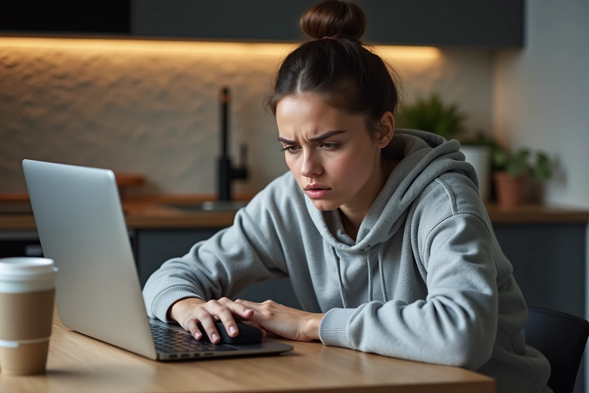 Jeune femme examine une souris sans fil dans une cuisine moderne
