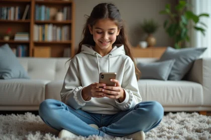 Jeune fille en hoodie qui regarde son smartphone dans un salon