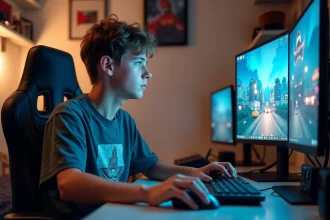 Jeune homme concentré jouant sur son ordinateur dans sa chambre